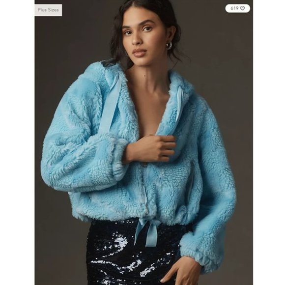 NWT Anthropologie Blue Cropped Faux Fur Hoodie Jacket - L - Picture 1 of 5
